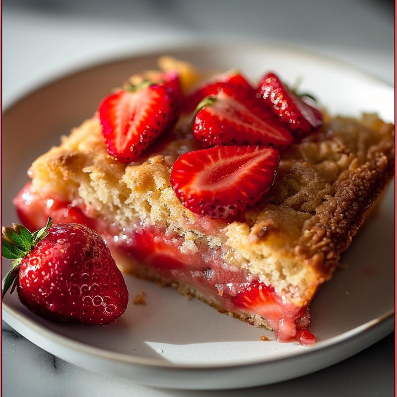 Close-up of a slice of strawberry dump cake topped with fresh strawberries on a white marble plate.