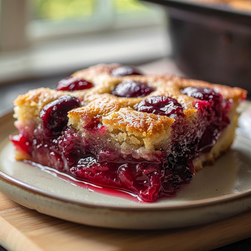 A close-up of a slice of cherry dump cake on a wooden board, highlighting its texture and color.