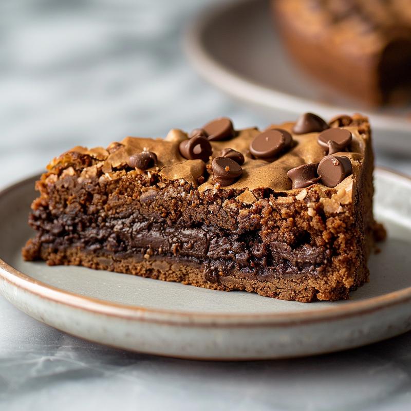 A close-up of a moist slice of chocolate dump cake on a light grey plate.