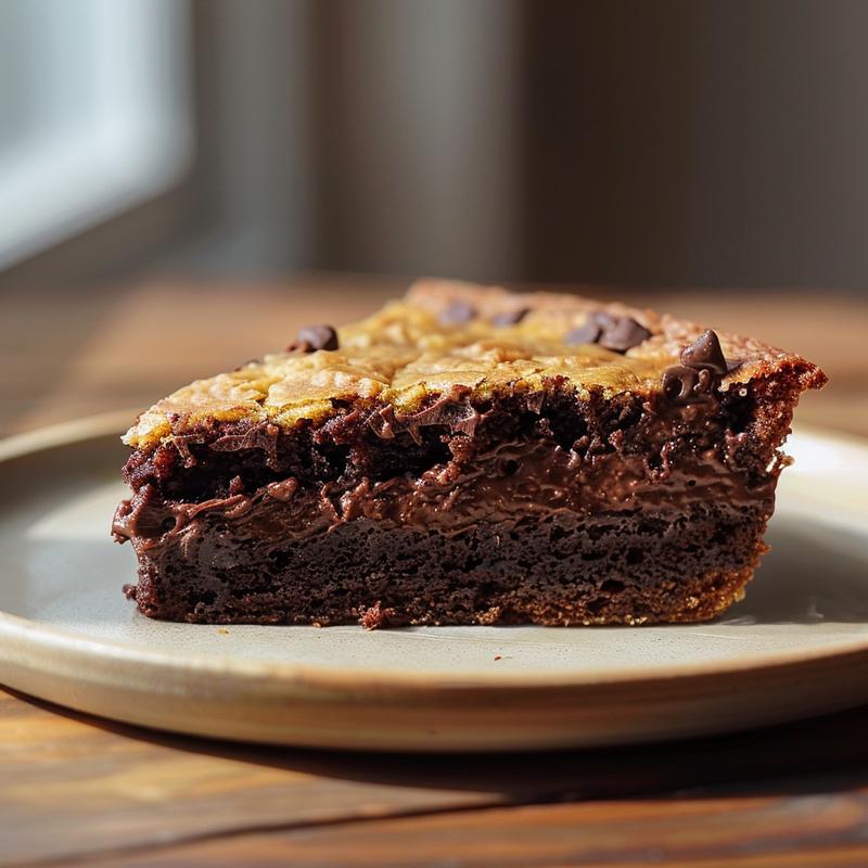 Close-up of a slice of German chocolate dump cake on a wooden board.