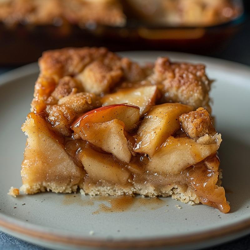 Close-up of a slice of caramel apple dump cake on a light grey plate.