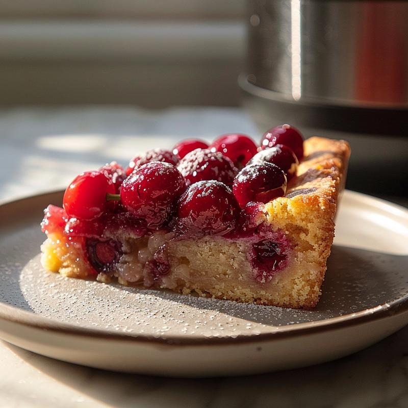 A close-up shot of a slice of cherry dump cake on a light grey ceramic plate.