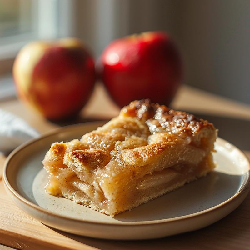 Close-up of a slice of apple dump cake on a wooden board.