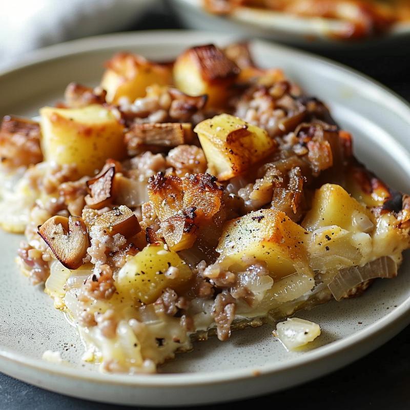 Close-up of a plated portion of German and American comfort food, showcasing texture and colors on a grey ceramic plate.