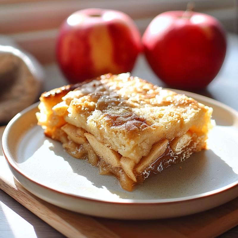 A close-up of a slice of apple dump cake on a light wood board.