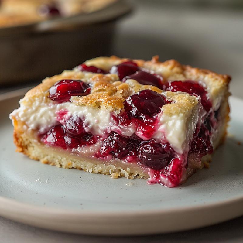 Close-up of a creamy slice of cherry dump cake on a grey ceramic plate.