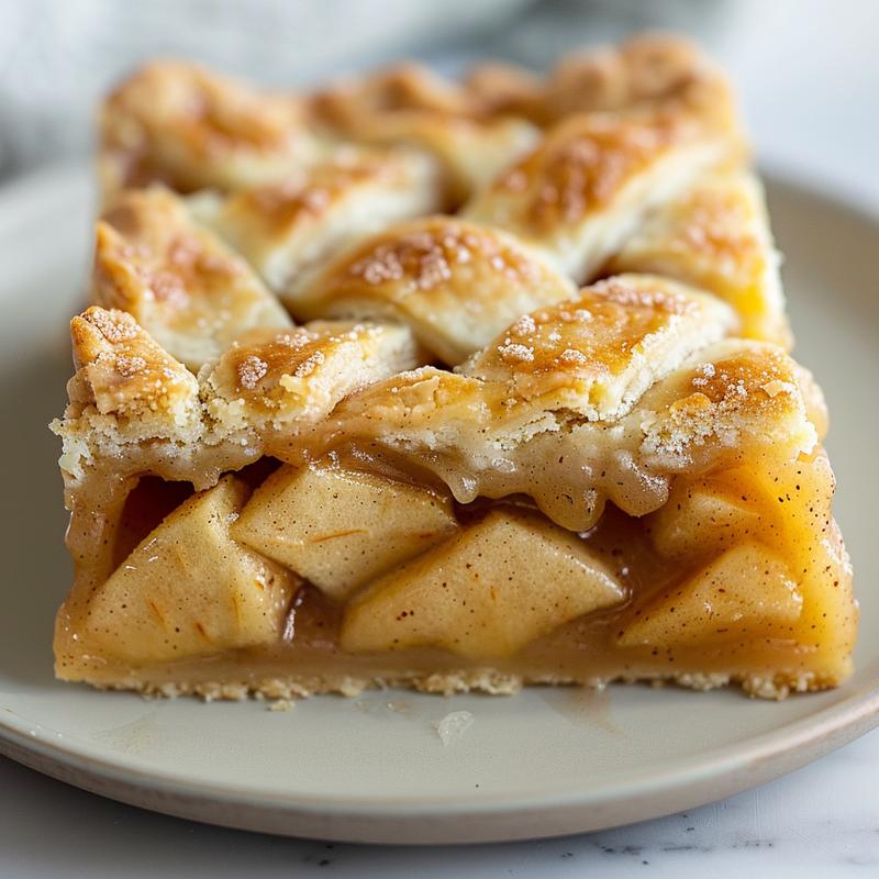 Close-up of a perfectly sliced apple pie dump cake on a white plate, placed on a white marble surface.