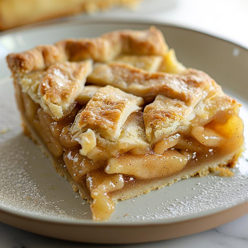 Close-up of a perfectly sliced apple pie dump cake on a white marble surface.
