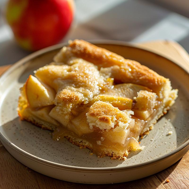 Close-up of a moist slice of blueberry dump cake on a light wood board.