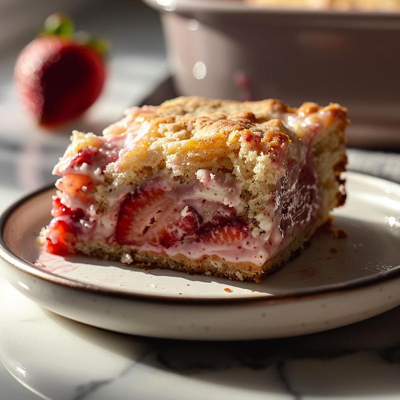 A close-up of a slice of strawberry cream cheese dump cake on a white plate against a marble surface, showcasing its texture and layers.