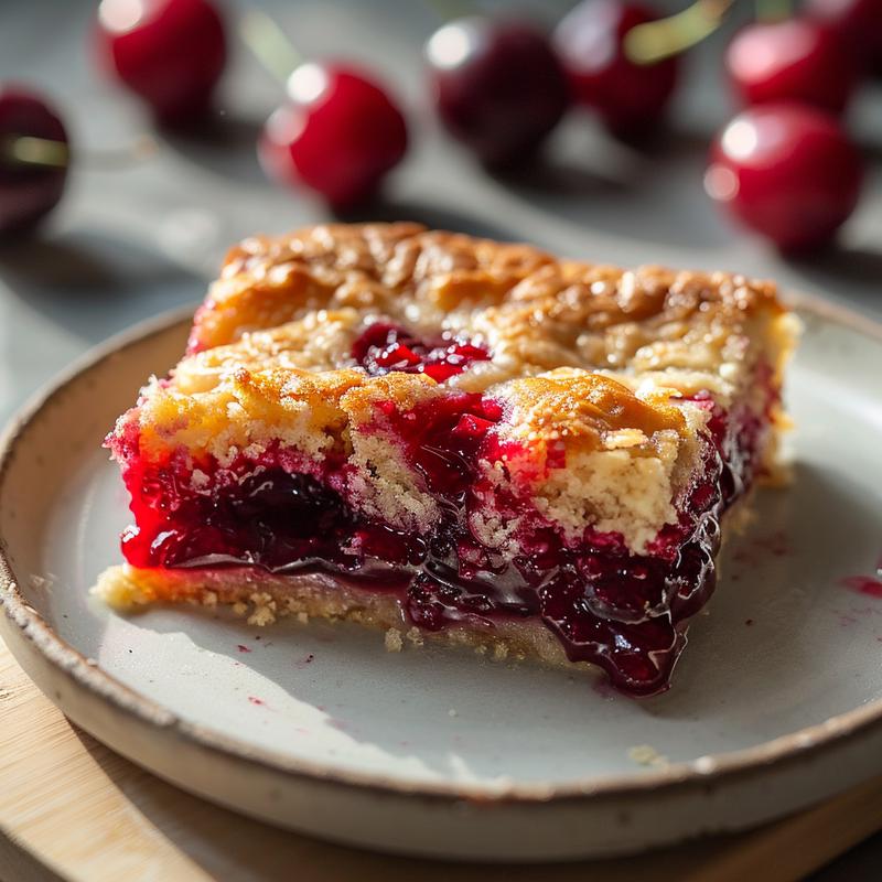 A perfectly sliced piece of cherry dump cake on a natural wood board.