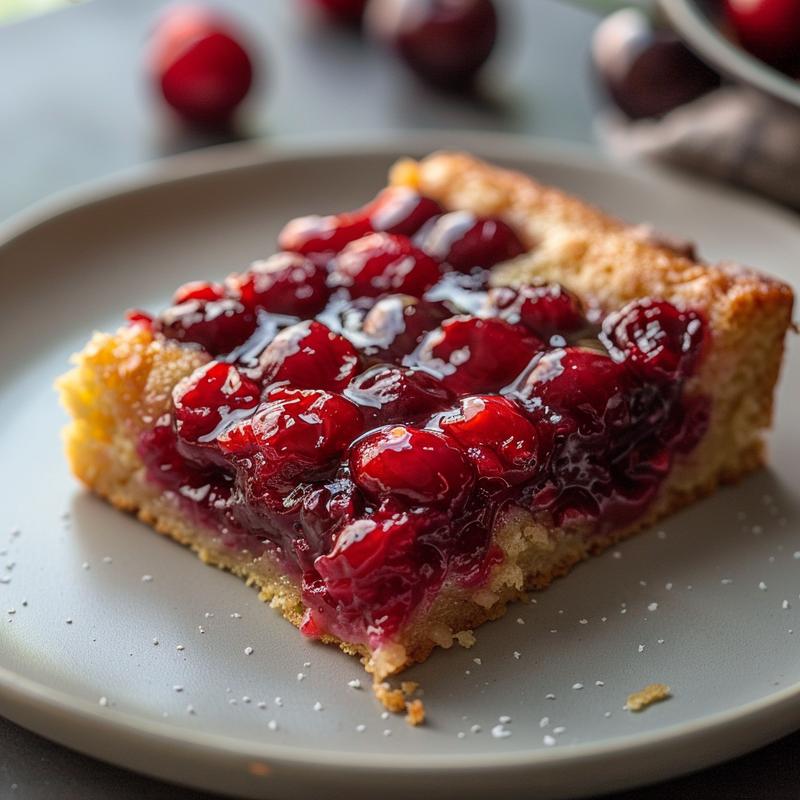 A close-up of a slice of cherry dump cake on a light grey plate, showcasing its moist texture and toppings.