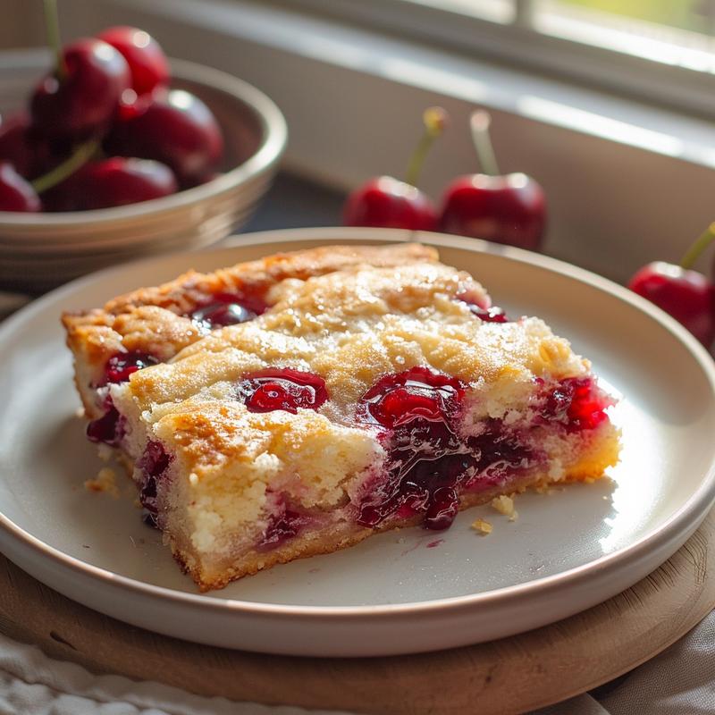Close-up of a slice of cherry dump cake on a light wood board.