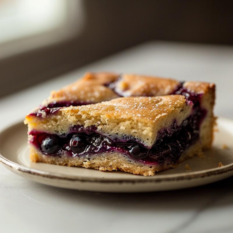 A close-up of a slice of blueberry dump cake on a white marble plate.