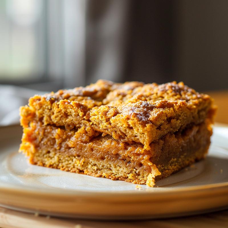 A perfectly sliced pumpkin dump cake on a minimalist plate atop a light wood board, with natural lighting highlighting its texture.
