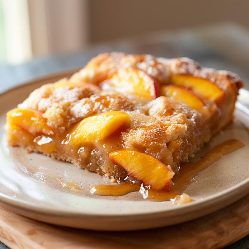 Close-up of a slice of peach dump cake on a light wood board, showcasing its texture.