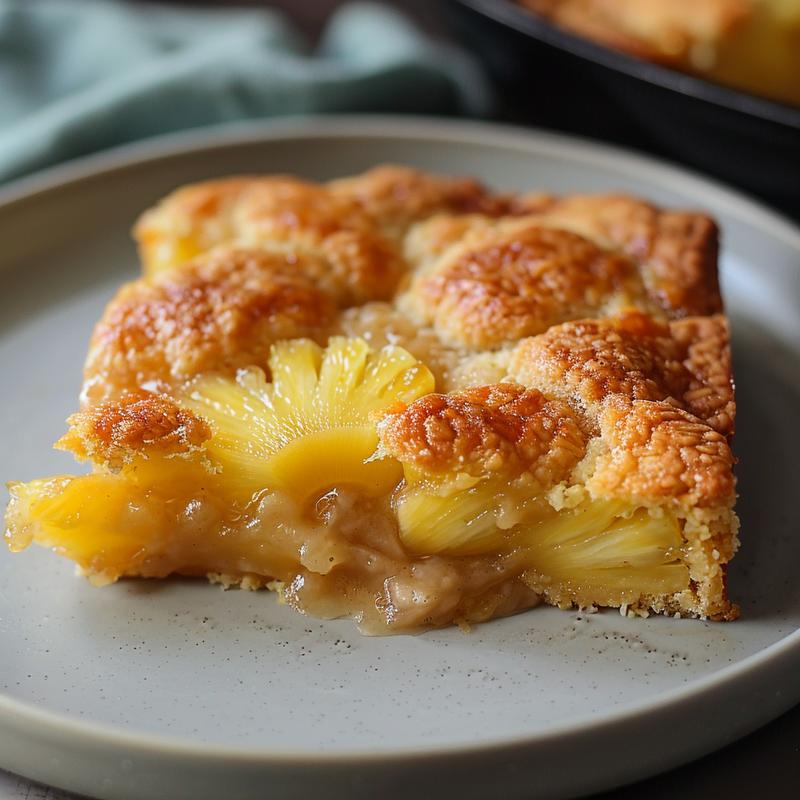 A close-up of a slice of pineapple dump cake cobbler on a light grey plate.