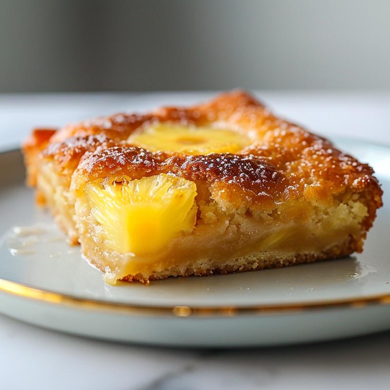 A close-up of a slice of pineapple dump cake on a white plate against a marble background.