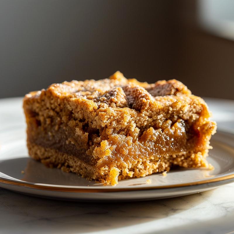 Close-up of a slice of pumpkin dump cake on a white marble plate, showcasing its texture.