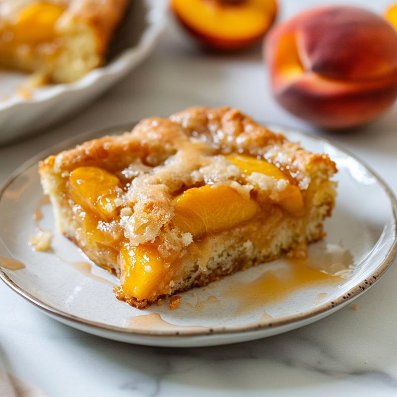 Close-up of a slice of peach dump cake on a white marble plate, showcasing its texture.
