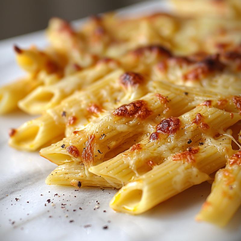 Close-up view of a cheesy baked penne dish on a marble surface.