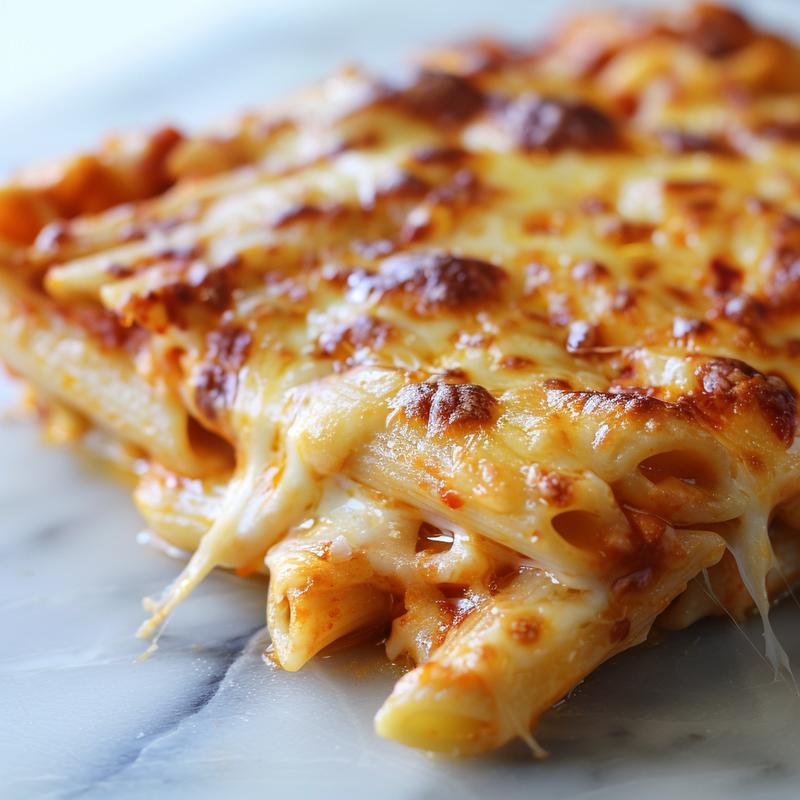 Close-up of a creamy, cheesy penne pasta bake on a white marble surface, showcasing its textures.