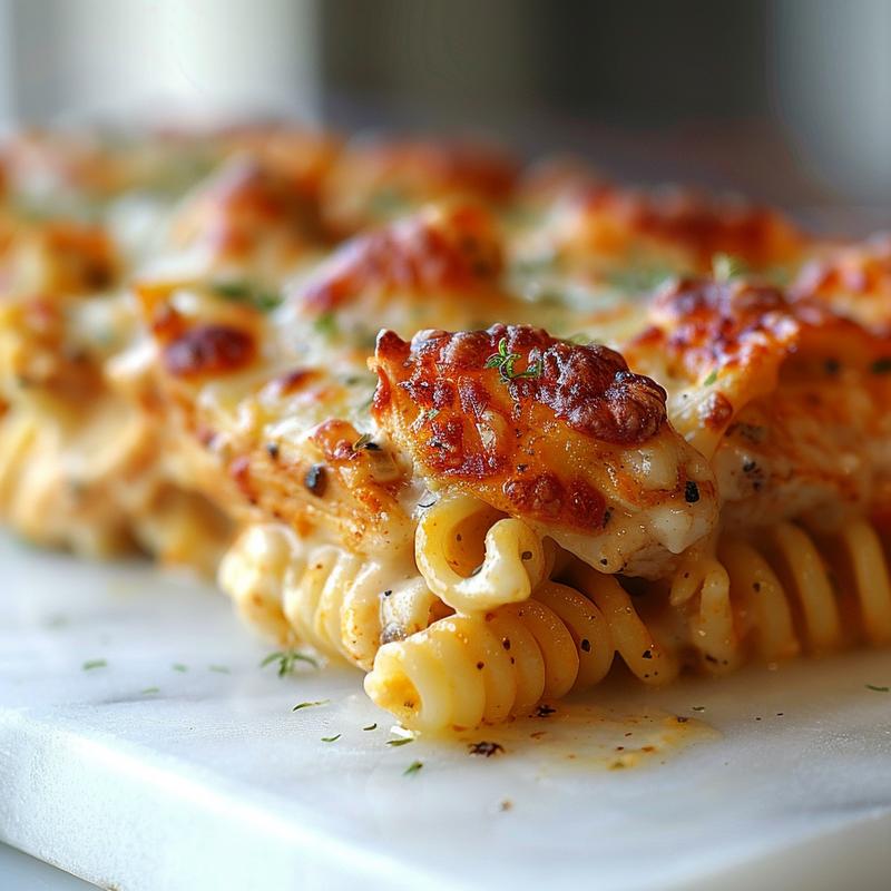 Close-up of a cheesy garlic chicken pasta bake on a white marble surface, showing rich textures and melted cheese.