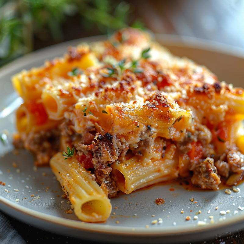 Close-up of a creamy Italian pasta bake on a light grey ceramic plate with defined textures.