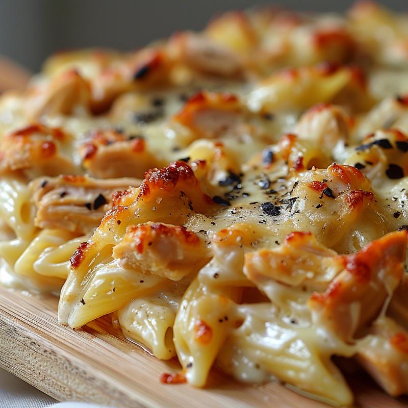 Close-up of a cheesy garlic chicken pasta bake on a wooden board.