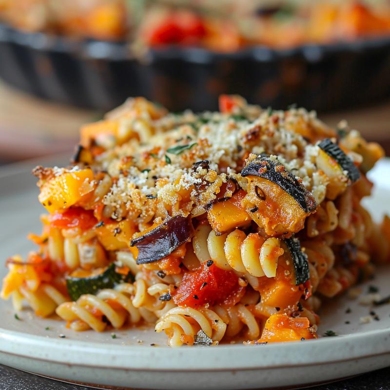 Close-up of a colorful veggie pasta bake on a light grey ceramic plate.