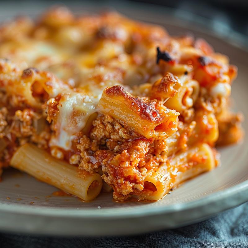 Close-up view of a golden-brown no-boil pasta bake on a light grey plate.