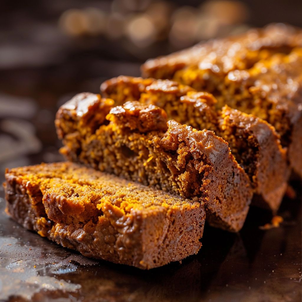 A slice of moist pumpkin bread with a soft texture, displayed on a rustic wooden table.