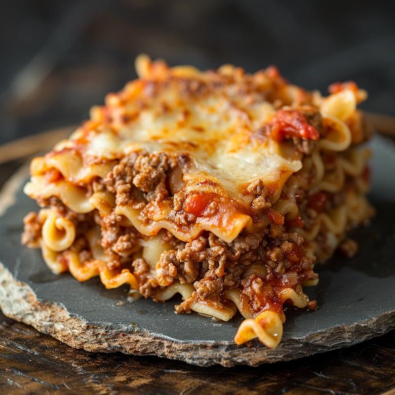 Close-up of a delicious ground beef and pasta casserole on a rustic slate plate.