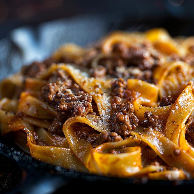 Close-up of a serving of ground beef pasta with rich sauce on a cast iron surface.