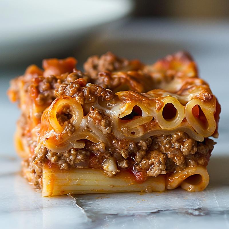 Close-up view of a cheesy bolognese pasta bake with a glossy surface on a marble background.