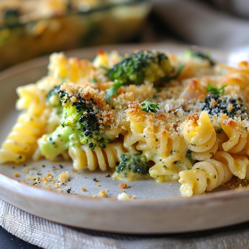 Close-up of a creamy no-boil broccoli pasta bake on a light grey plate.