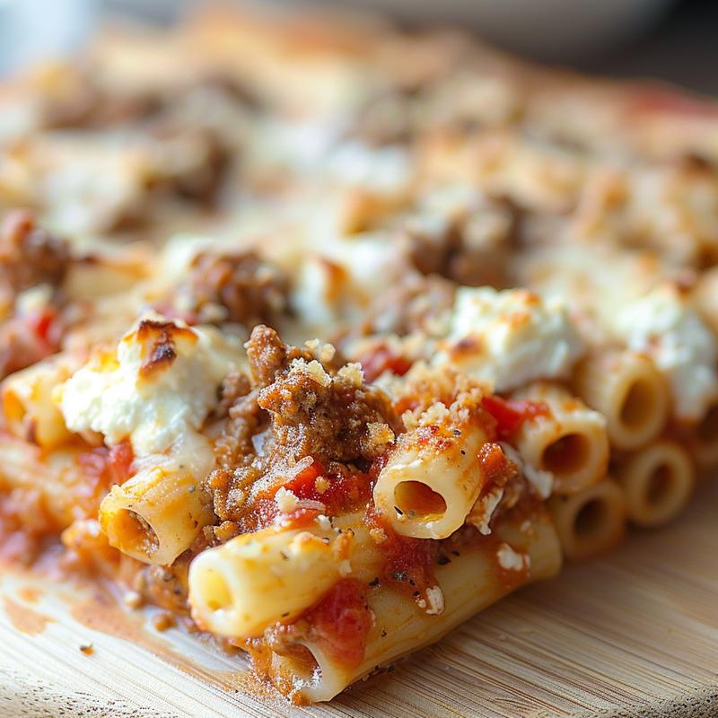 Close-up of baked ziti topped with ricotta cheese and meat sauce on a wooden board.