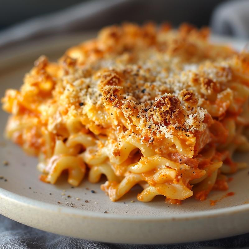 Close-up of a healthy chicken and broccoli pasta bake on a light grey plate.