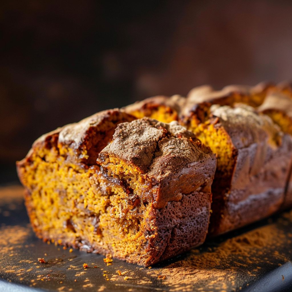A loaf of cinnamon pumpkin bread sliced and displayed on a wooden cutting board.