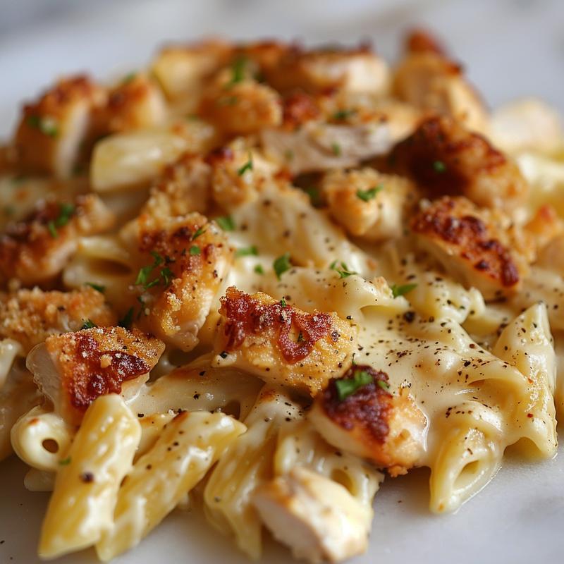 Close-up of baked chicken alfredo pasta on a marble surface.
