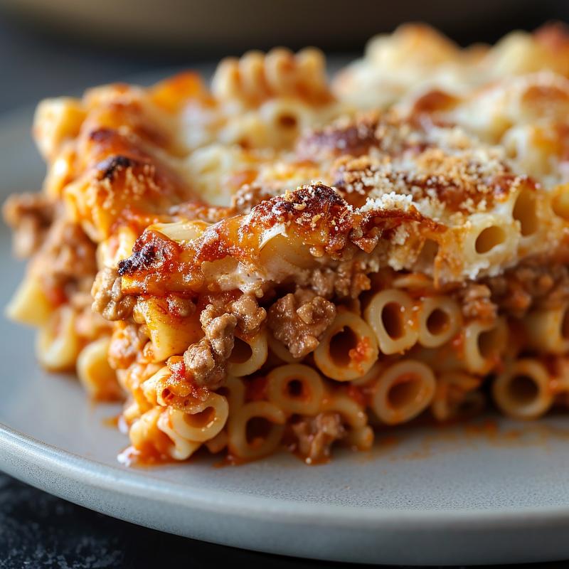 Close-up of a healthy chicken and broccoli pasta bake on a light grey plate.