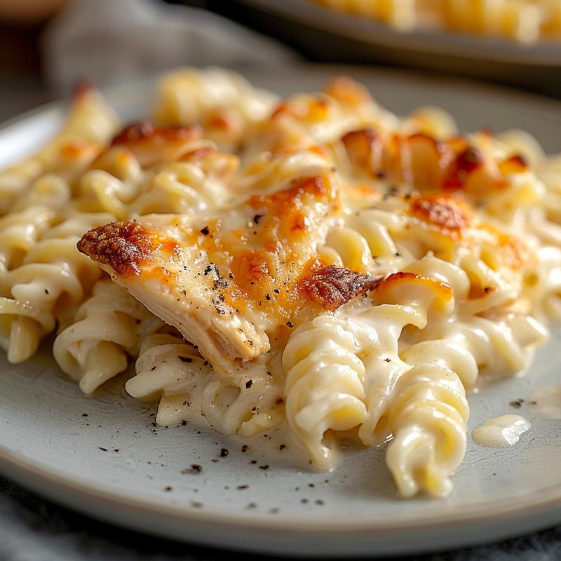 Close-up of baked chicken alfredo pasta in a minimalist setting.