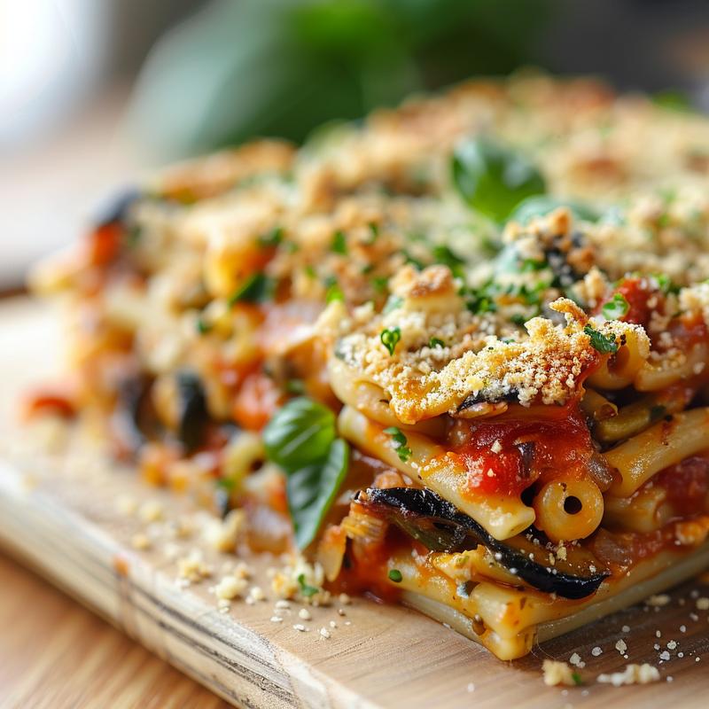 Extreme close-up of a vibrant portion of loaded veggie baked ziti on a wooden board.