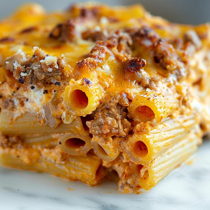 Close-up of a cheesy pasta bake on a white marble surface, showcasing golden cheese and pasta texture.