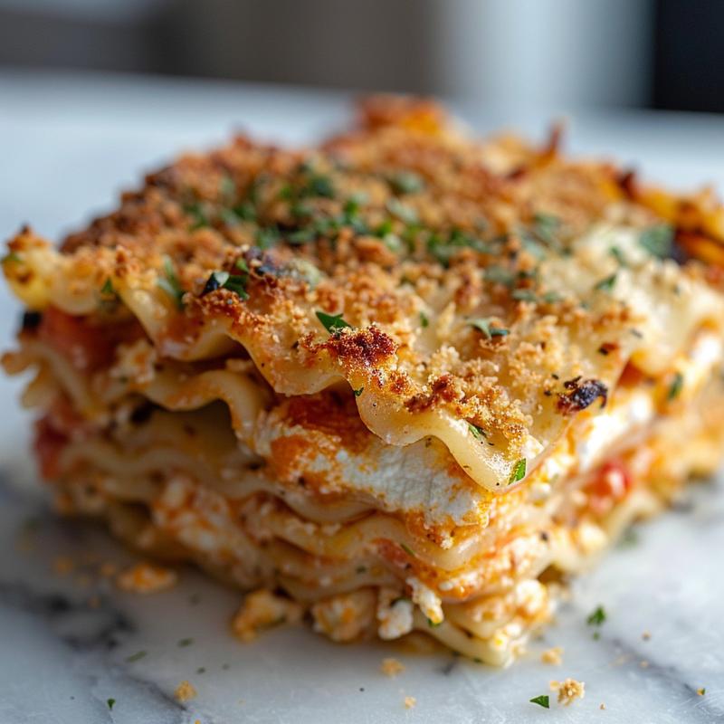 Close-up view of a delicious portion of easy vegan pasta bake on a marble surface.
