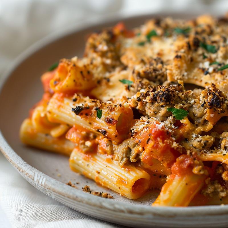 Close-up of a delicious vegan pasta bake on a light grey ceramic plate.