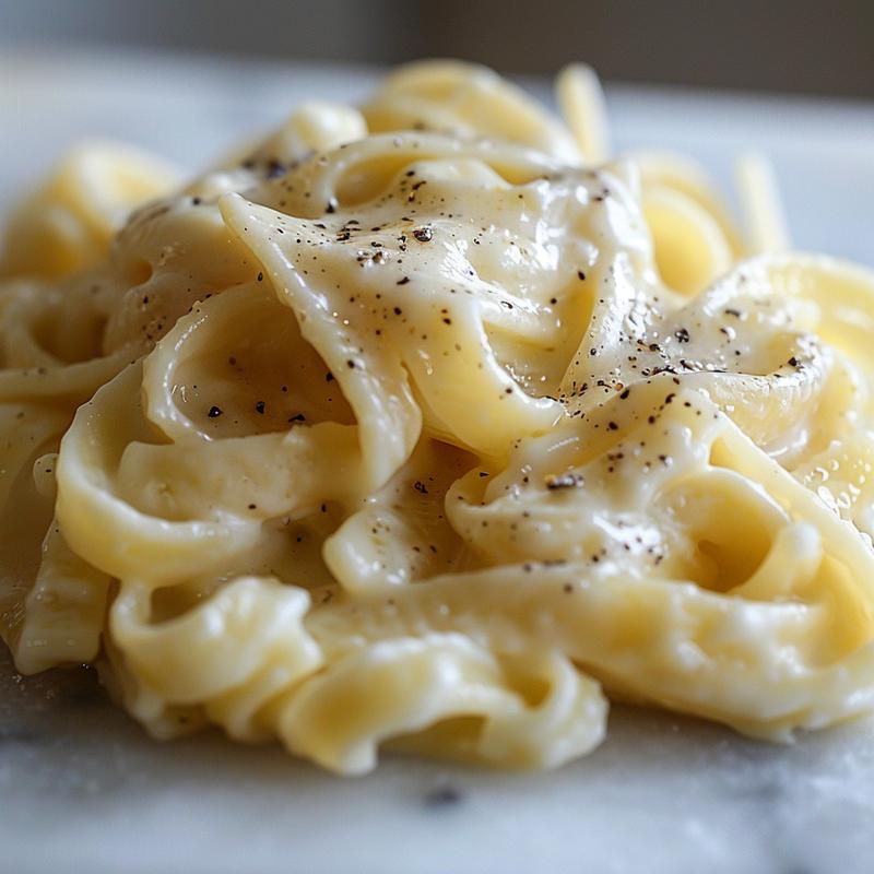 A close-up view of creamy white sauce pasta with a smooth texture on a white marble surface.