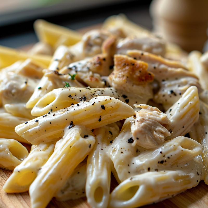 A creamy white sauce pasta with chicken served on a light wood board.