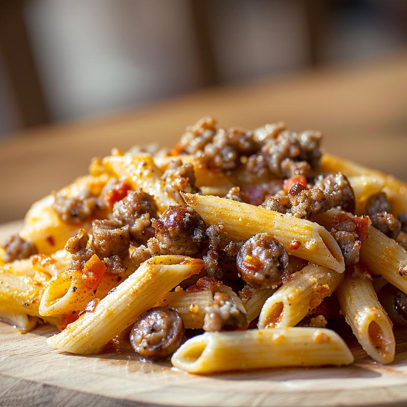 Close-up of baked penne pasta with sausage on a light wooden surface, highlighting the textures and colors.