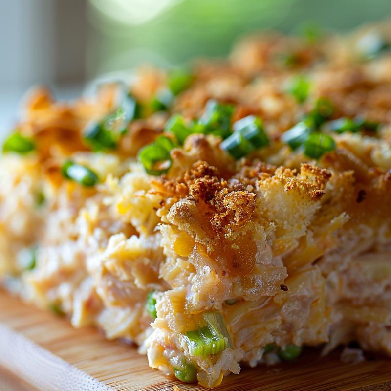 Close-up of a portion of classic tuna casserole on a natural wood board.